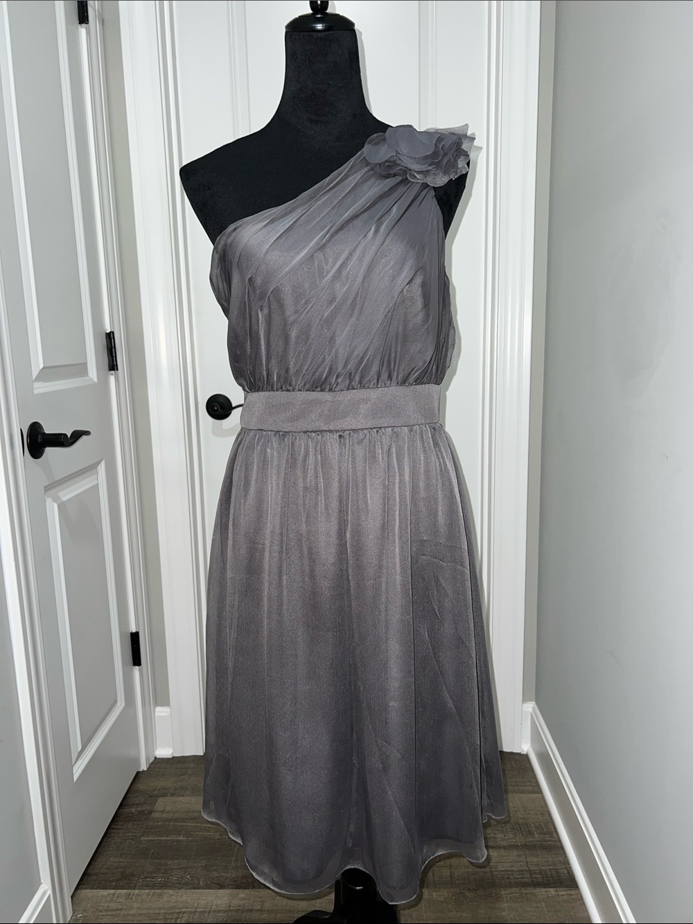 The Limited One-Shoulder Gray Chiffon Dress with Floral Shoulder